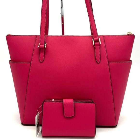 Michael Kors Large Charlotte Tote Bag & MD Bifold Zip Chain Wallet Electric Pink - Picture 5 of 16